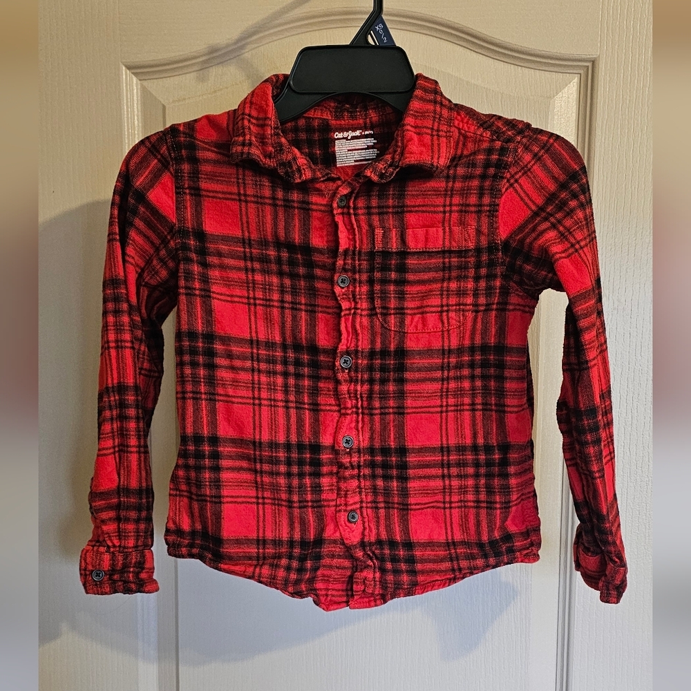 Cat & Jack Red And Black Buffalo Plaid Flannel Long Sleeve Button Up‎ Shirt 6/7
